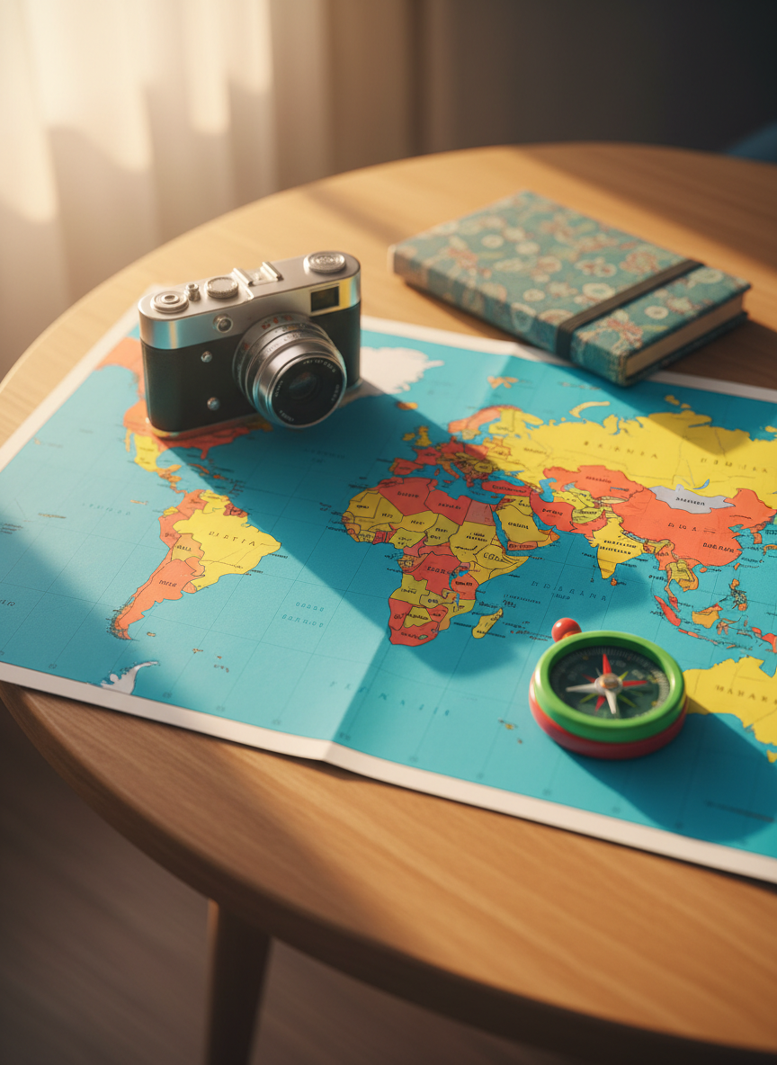 A whimsical flat-lay of a colorful world map spread across a rounded-edge wooden travel desk, the countries outlined in bright turquoise, coral, and sunflower yellow. A glossy vintage-style camera, a well-worn fabric-covered notebook, and a chunky, candy-colored compass are playfully scattered on top. Soft golden hour sunlight pours in from the left, creating long, gentle shadows and catching the glossy surfaces with tiny highlights. The composition uses a slightly elevated angle with a shallow depth of field, keeping the central map in crisp focus while the outer objects blur into a soft bokeh. The mood is energetic and inviting, photographic realism with vibrant, saturated colors and a clean, modern, playful aesthetic.