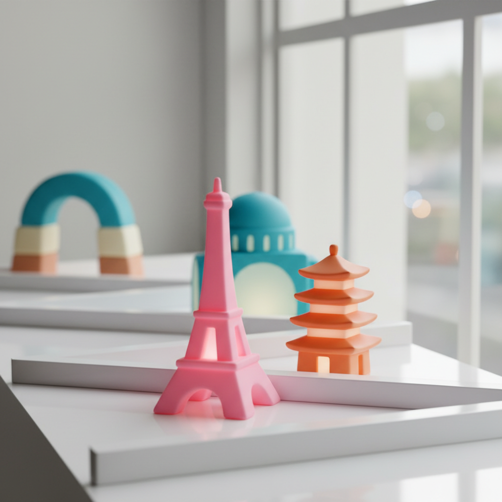 A playful collection of miniature, rounded landmark models—an exaggeratedly curvy Eiffel Tower, a soft-edged pagoda, a plump domed basilica, and a chunky desert arch—arranged on a glossy white shelf that zigzags like a travel route. Each landmark glows in bright, candy-like colors: bubblegum pinks, tangerine oranges, and ocean blues. A large window off to the right floods the scene with bright, diffused daylight, creating crisp reflections on the glossy surfaces and gentle, soft-edged shadows behind the models. Shot at eye level with a shallow depth of field, the foreground landmarks are tack-sharp while those further back dissolve into colorful bokeh. The mood is whimsical and curious, photographic yet slightly stylized, capturing the playful spirit of discovering iconic sights around the world.