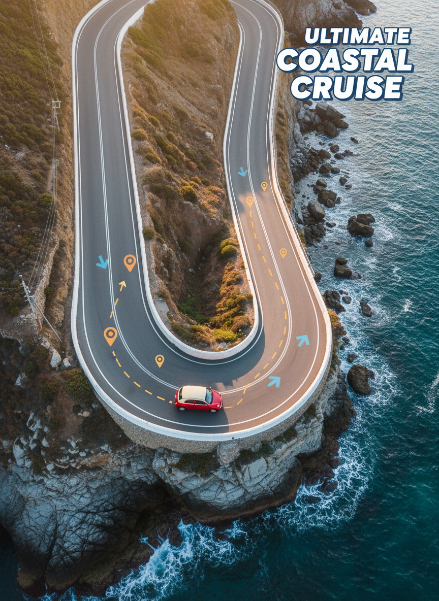 A dynamic bird’s-eye view of a serpentine coastal road winding along a cliffside, the asphalt a deep slate gray edged with bright white guardrails that curve like ribbons. A single, small, brightly colored car with a rounded shape zips along, leaving an implied path of dotted, illustrated route markers hovering playfully above the road. Below, the ocean gleams in vivid turquoise and cobalt, waves forming rounded foam patterns against the rocks. Late afternoon golden light bathes the scene, casting soft, elongated shadows that emphasize the curves. The composition is sweeping yet clean, with sharp focus throughout and vibrant saturation. The mood is adventurous and exhilarating, photographic realism infused with whimsical overlays, perfect for illustrating an “ultimate road trip route” travel blog story.
