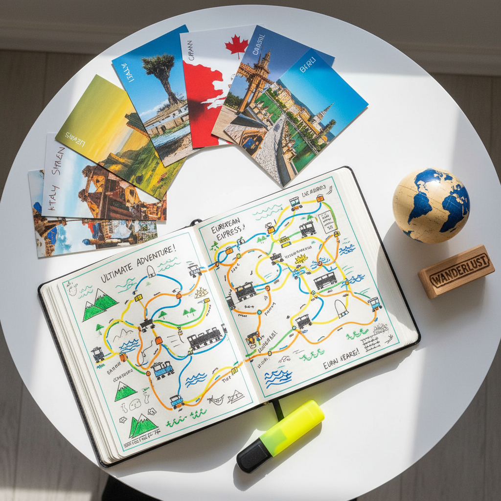 A lively overhead view of a travel planner spread open on a rounded white table, its pages filled with doodled route lines, tiny hand-drawn icons of mountains, beaches, and trains, all in bold marker colors. Around it, a scattering of glossy, colorful country postcards fans out like petals, alongside a quirky rubber-stamped globe and a curved, transparent highlighter. Sunlit from above by soft skylight, the scene glows with even, bright illumination, producing minimal shadows and a clean, airy feeling. The composition is a balanced flat-lay with playful, asymmetric arrangement, sharp focus across the entire frame. The mood is energetic and creative, photographic realism with whimsical details, celebrating the joy of planning ultimate routes and travel stories.