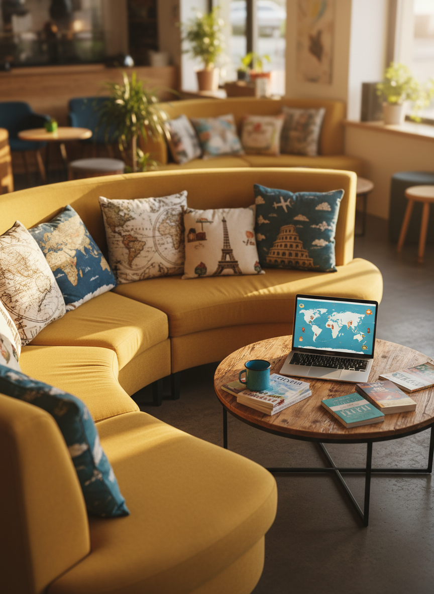 A sunlit hostel common area corner with a rounded mustard-yellow sofa piled high with plump, mismatched travel-themed cushions printed with maps, planes, and tiny illustrated landmarks. In front of it sits a low, circular wooden coffee table cluttered with colorful guidebooks, a bright enamel mug, and an open laptop displaying a stylized map. Late afternoon light streams through an unseen window, creating golden pools on the floor and soft highlights on the curved furniture edges. Captured from a slightly elevated, three-quarter angle, the focus stays sharp on the sofa and table while the background fades into a gentle blur. The atmosphere feels cozy, playful, and social, in vibrant photographic realism with a whimsical, rounded, energetic layout ideal for a travel blog post about hostel life and tips.