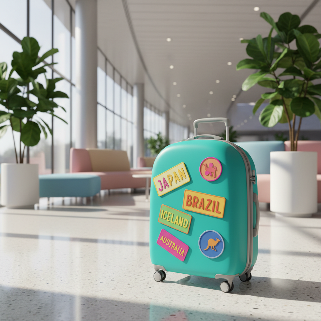 A cheerful carry-on suitcase with a rounded, bubble-like shell in bright teal, decorated with an eclectic patchwork of oversized, colorful luggage tags from different countries. The suitcase stands slightly angled on a smooth, pale terrazzo floor in a sunlit airport corner, surrounded by curved, pastel-colored seating and oversized potted plants. Diffused midday light streams through large windows, casting soft, curved shadows that echo the suitcase’s rounded forms. Shot at eye level with a slight three-quarter view, the suitcase dominates the frame while the background remains softly blurred. The atmosphere feels playful and expectant, as if a big adventure is about to start, rendered in crisp photographic realism with energetic, whimsical composition and bright, joyful colors.